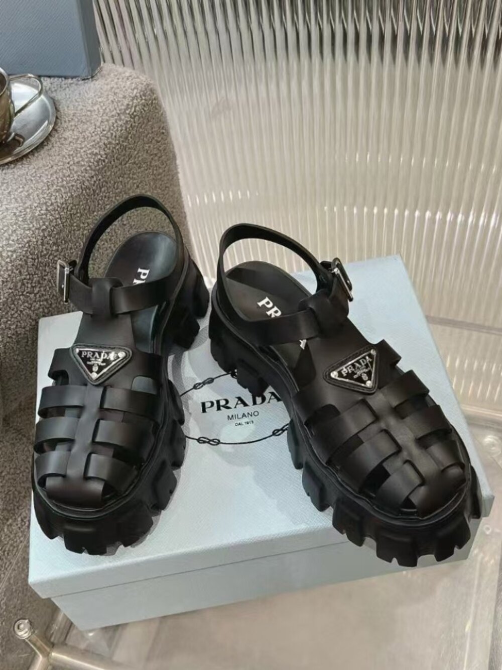 Prada Black Woven Cage Chunky Platform Roman Sandals